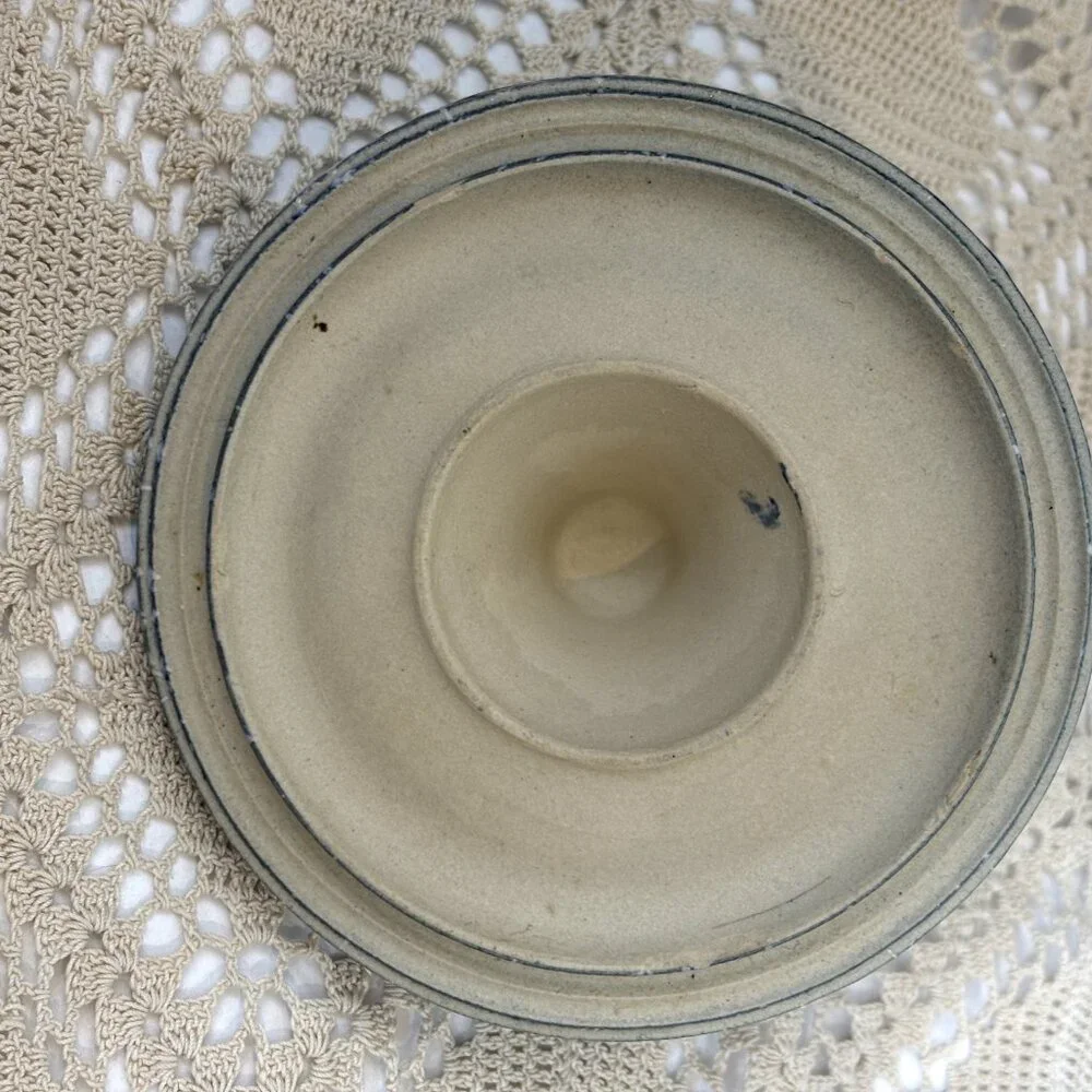 * Stoneware Cheese Butter Crock Jar wire Bail Lid Speckled Cobalt Blue Vintage